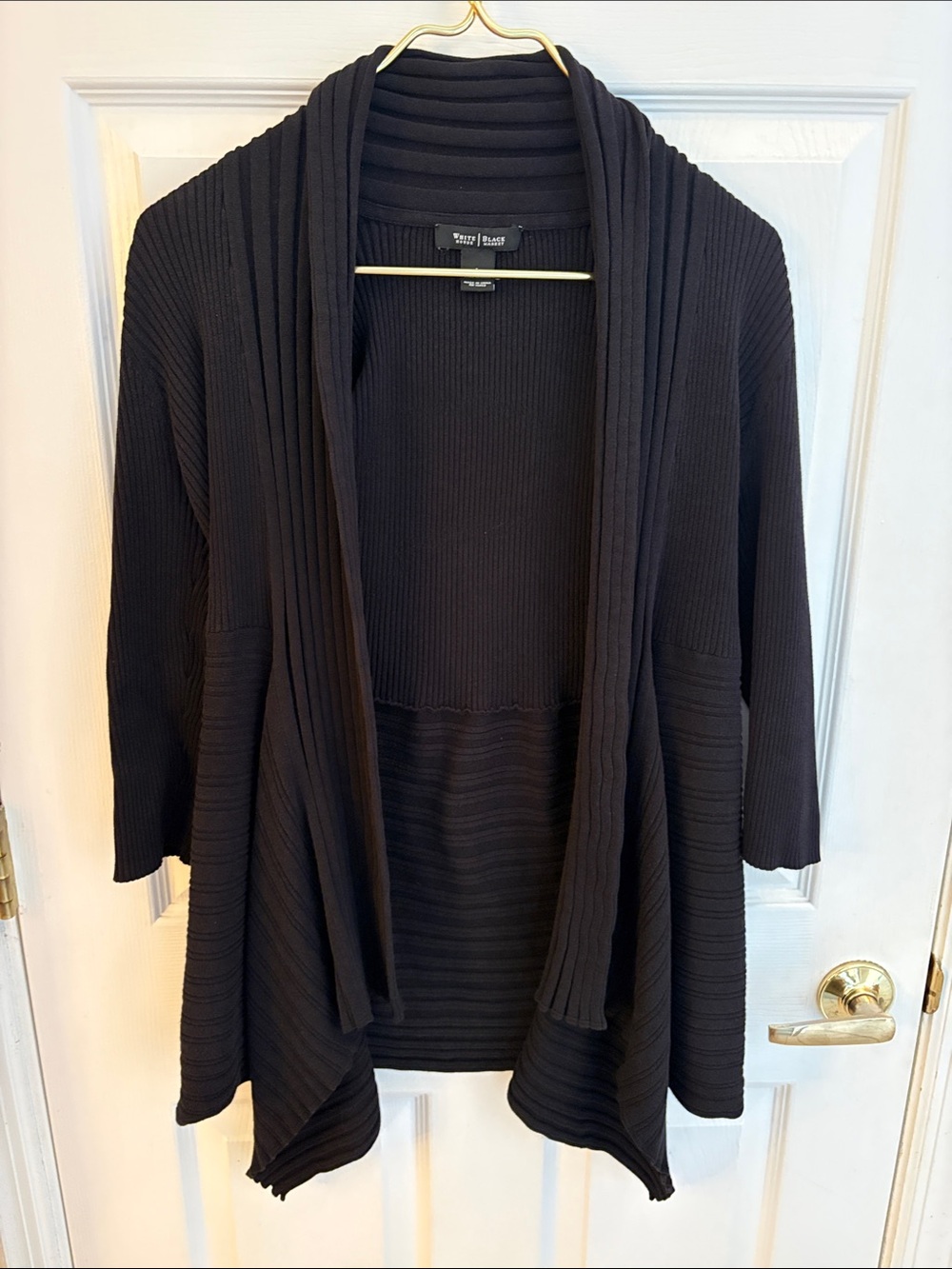 White House Black Market WHBM size large Black Ribbed Waterfall Open Cardigan